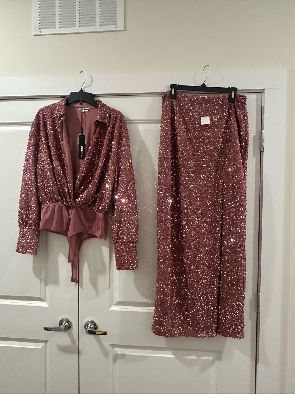 Fashion Nova Rose Gold Sequin Two-Piece Long Sleeve Set